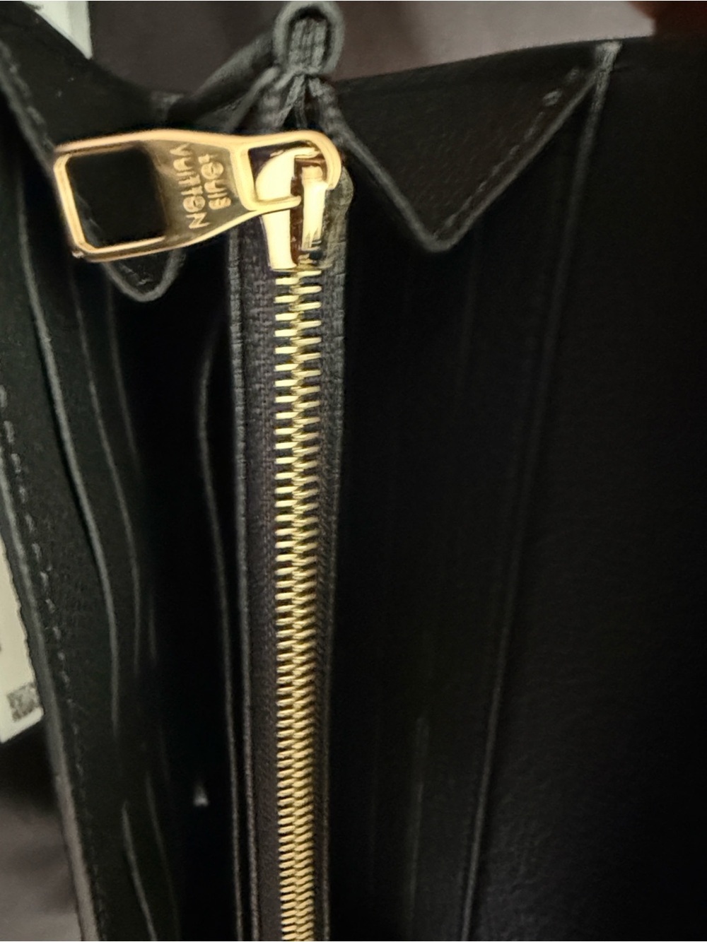 Louis Vuitton Black Leather Zip Wallet with Gold Hardware